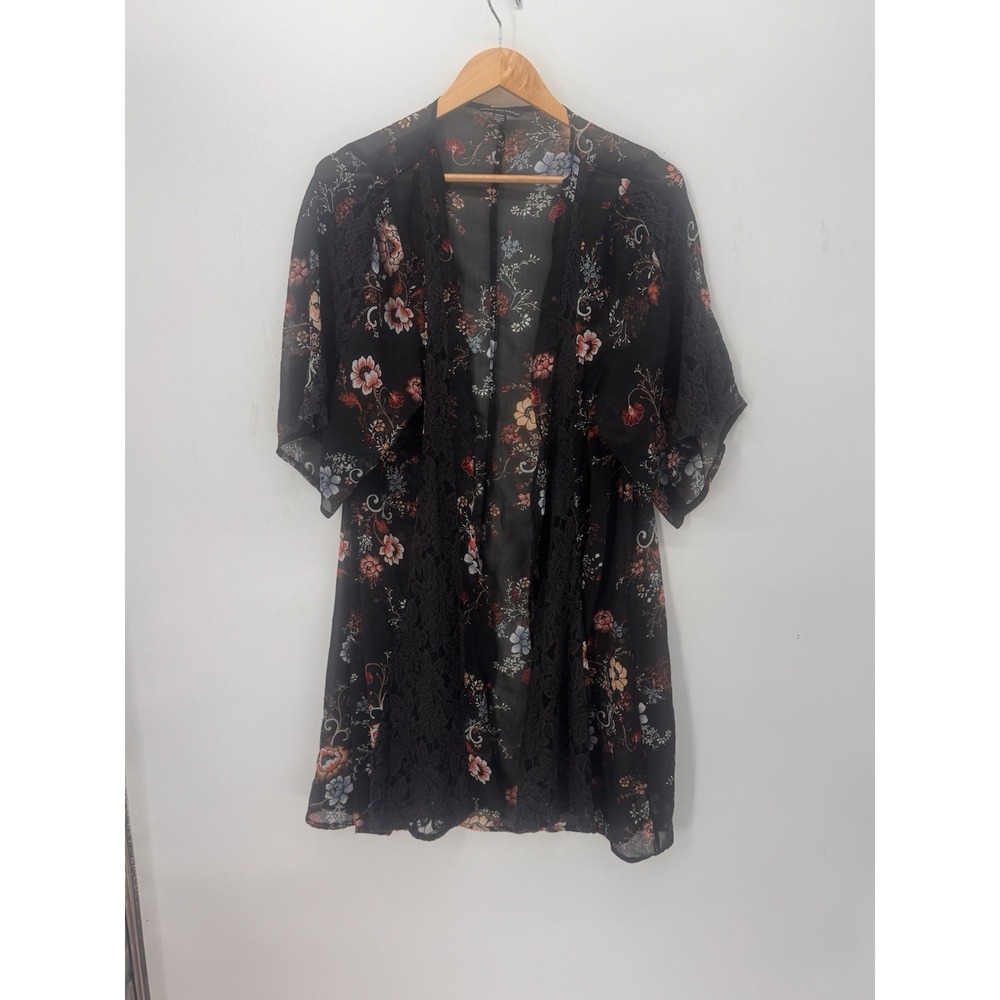American Eagle Sheer Floral Kimono Flutter Sleeve Cardigan Dark Boho Sz M Witchy